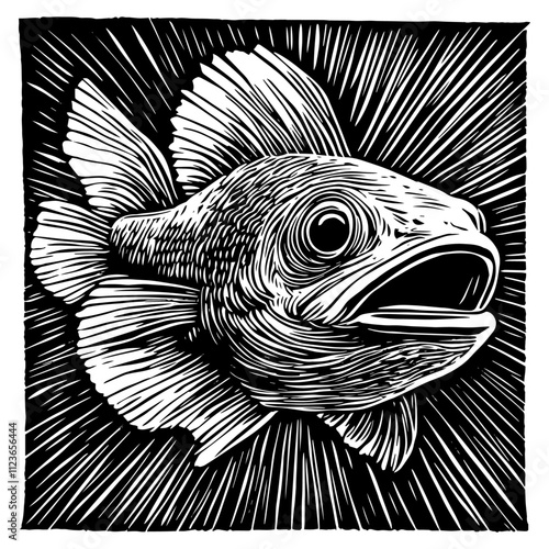 realistic fish illustration with detailed linework – black vector