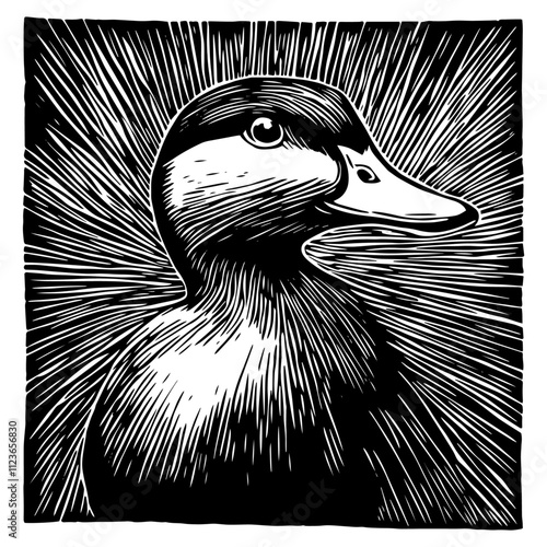 black and white duck illustration in woodcut style