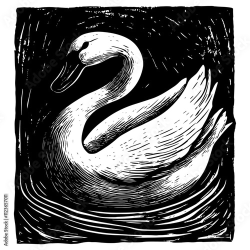 vintage-style sketch of a swan swimming in textured water, monochrome
