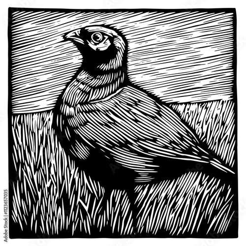 artistic depiction of a bird in tall grass, traditional ink drawing photo