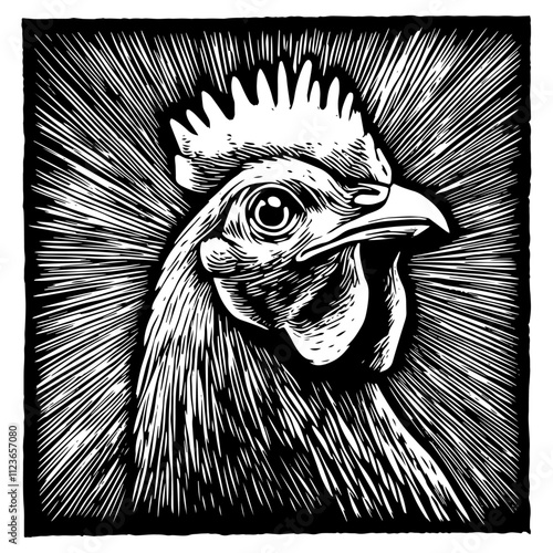 vintage woodcut-style rooster illustration with intricate line work