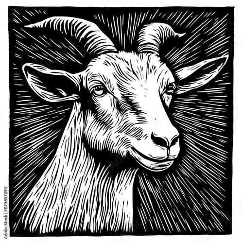 hand-drawn goat portrait in a grassy field with engraving style – black vector