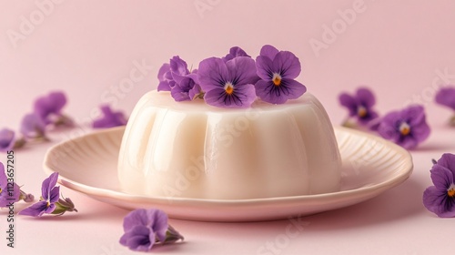 Elegant blancmange on a ceramic dish, topped with sugared violets, isolated on a soft pastel pink background