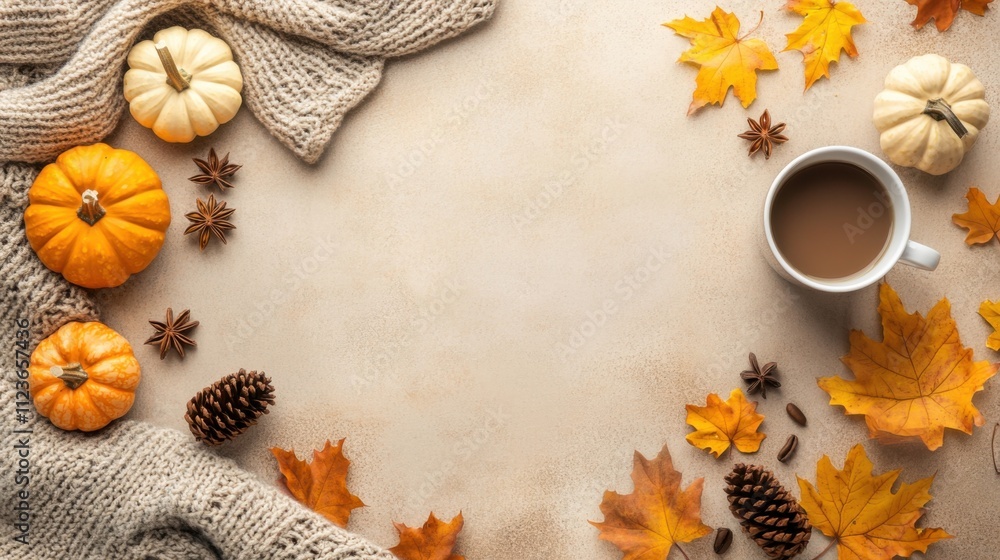 Fototapeta premium Top-down view of autumn essentials: coffee cup, warm scarf, small pumpkins, yellow maple leaves, pine cones, and anise on a beige background with room for text