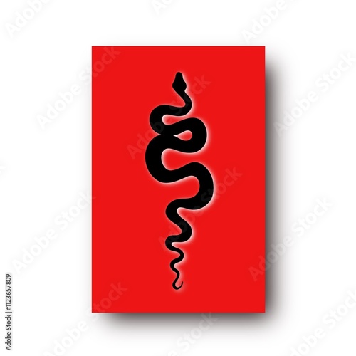 Tattoo snake on a red background. Traditional black dot style ink. Traditiona...