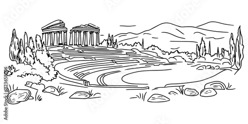 black and white illustration of greek ruins