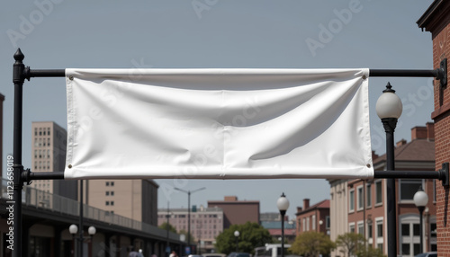 White blank banner hanging in an urban setting under a clear sky, offering a canvas for creative expression and announcements photo