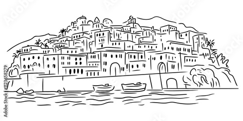 sketch of coastal mediterranean village with boat in black vector