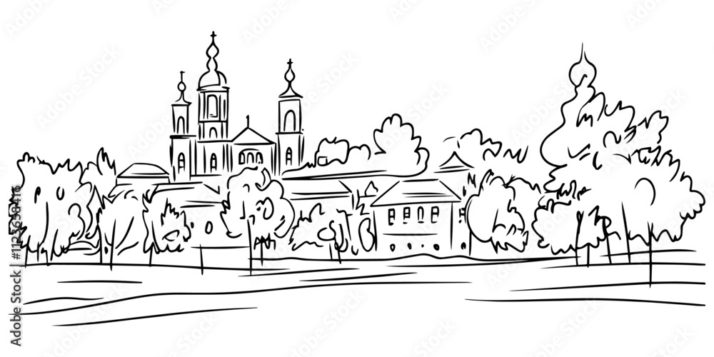 Obraz premium creative depiction of city landmarks with natural scenery – black vector