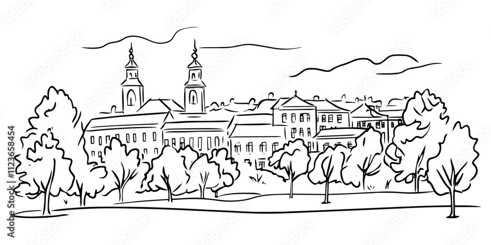 Fototapeta premium creative depiction of city landmarks with natural scenery – black vector