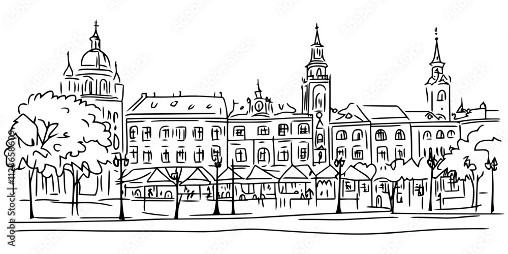 Fototapeta premium minimalist sketch of old town with trees – black vector