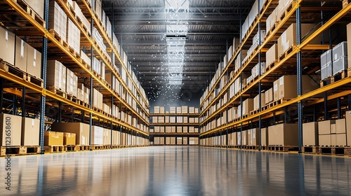Wallpaper Mural Spacious warehouse interior filled with high storage racks, neatly stacked with cardboard boxes, illuminated by bright overhead lights. Torontodigital.ca
