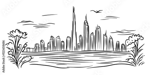 minimalist sketch of burj khalifa and skyscrapers – black vector