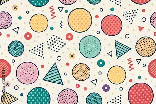 Seamless pattern with colorful circles, triangles, and geometric shapes on a beige background.