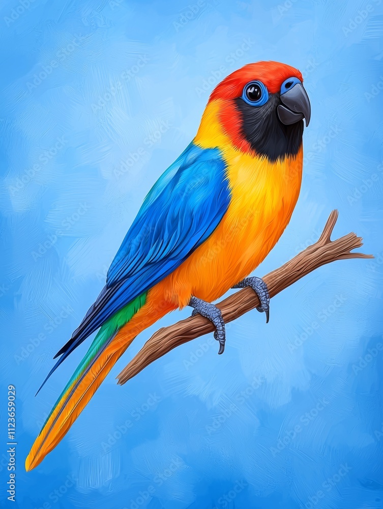 Obraz premium A Gouldian Finch is a lively and vivid depiction of a rare and exotic bird.