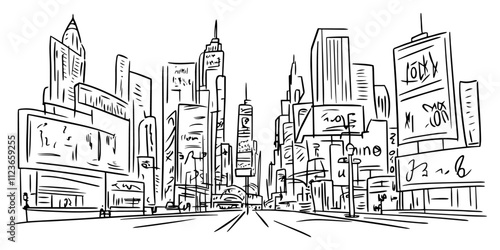 minimalist sketch of times square advertising and buildings – black vector