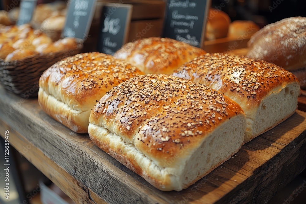 Freshly baked bread loaves displayed at a local bakery Freshly baked bread loaves displayed at a local bakery