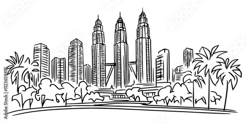 hand-drawn kuala lumpur skyline with petronas towers – black vector