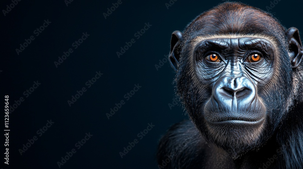 Obraz premium A formidable western lowland gorilla, a critically endangered species, gazes intently into the distance, its expressive eyes and furrowed brow conveying the gravity of the wild.