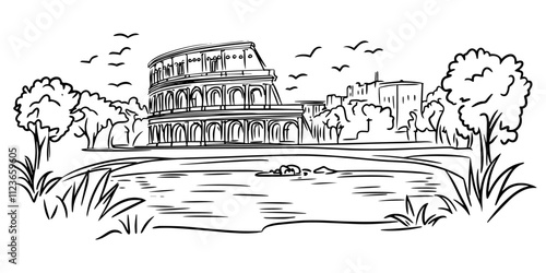 rome’s historic colosseum with park view – black vector