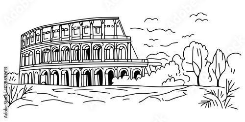 rome’s historic colosseum with park view – black vector
