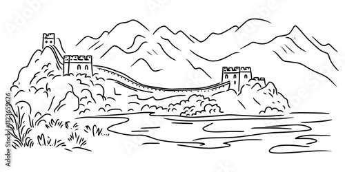 sketch of the great wall of china in black vector