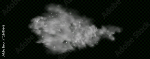 Mystery dark background with glowing particles, stardust, and glittering stars, creating a colorful, ethereal fog. Vector illustration with vibrant, multicolored steam and vapor.