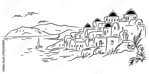 sketch of mediterranean village by the sea in black vector