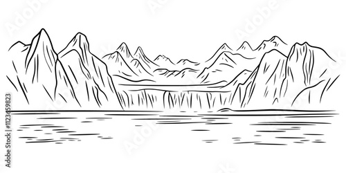 detailed drawing of tranquil mountain lake scene – black vector