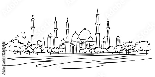 line art illustration of taj mahal with trees – black vector