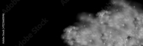 Mystery dark background with glowing particles, stardust, and glittering stars, creating a colorful, ethereal fog. Vector illustration with vibrant, multicolored steam and vapor.