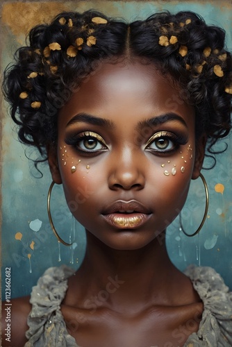 dark skinned girl with dark, curly hair adorned with small, yellow flowers, wearing large, gold hoop earrings and a ruffled, grey top. Textured background, artistic mix media of blue and gold .