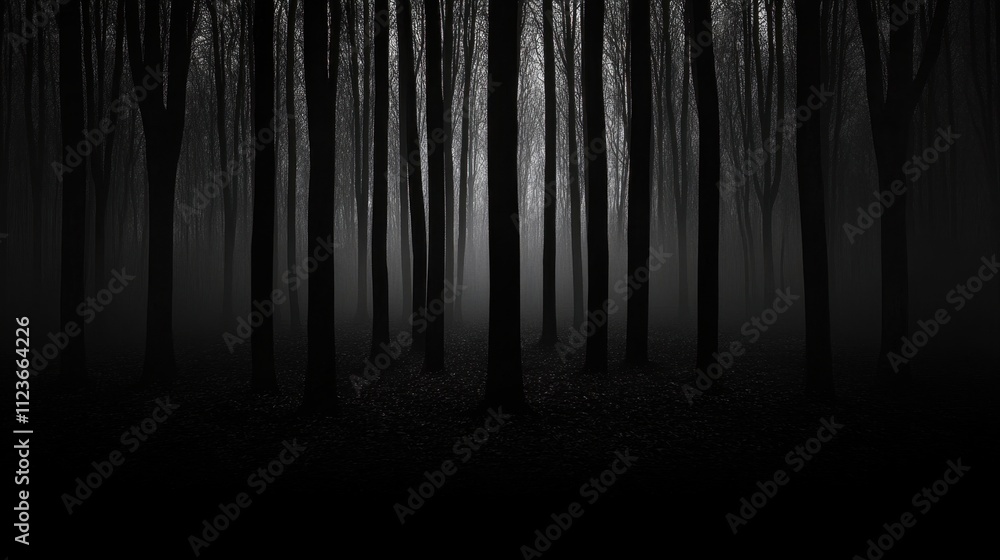 Fototapeta premium Dark, mysterious forest with tall trees and a foggy atmosphere, creating a sense of depth and obscurity