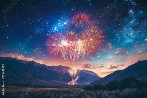 Spectacular fireworks illuminate starry sky above majestic mountains in a joyous celebration