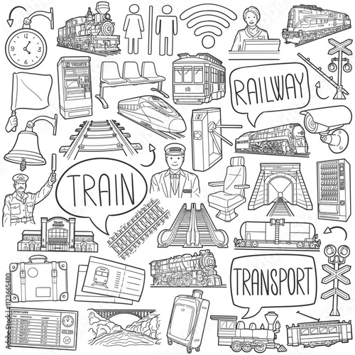 Railway Doodle Icons Black and White Line Art. Train Clipart Hand Drawn Symbol Design.