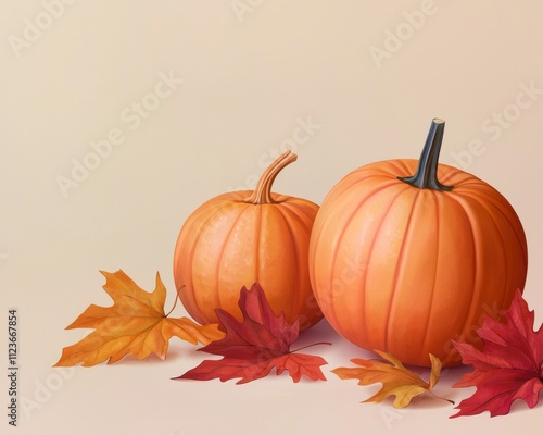 Two vibrant orange pumpkins nestled among colorful autumn leaves, embodying the essence of fall harvest. photo