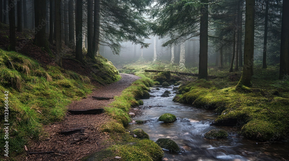 Obraz premium Tranquil Forest Path Over Stream in Misty Landscape