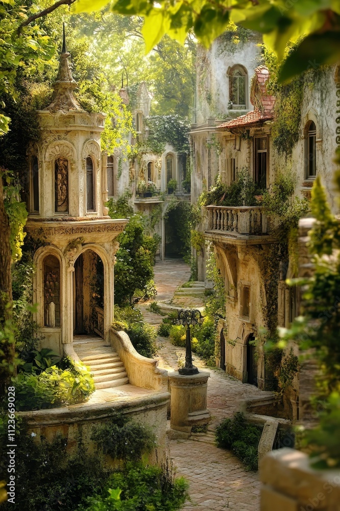 Overgrown stone buildings, garden path, sunlit. Overgrown stone buildings, garden path, sunlit.