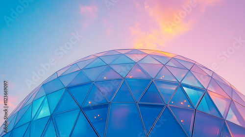 A futuristic geometric dome made of triangular glass panels glowing under the evening sky.