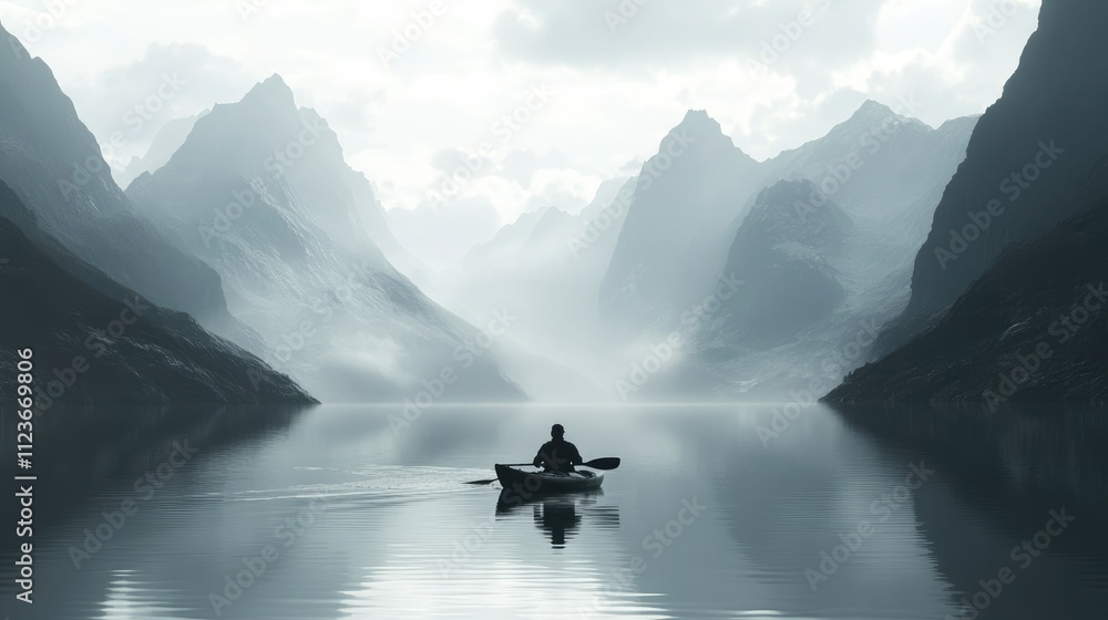 Solitary kayaker paddling on serene lake surrounded by majestic misty mountains. Solitary kayaker paddling on serene lake surrounded by majestic misty mountains.
