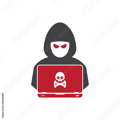 Hacker at laptop icon. Flat illustration of hacker at laptop icon for web design	