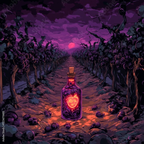 A vibrant purple potion bottle with a glowing heart sits amidst a mystical grape vineyard under a twilight sky. photo