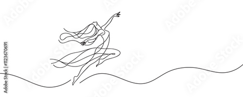 continuous line drawing of woman dancing in long dress. vector illustration