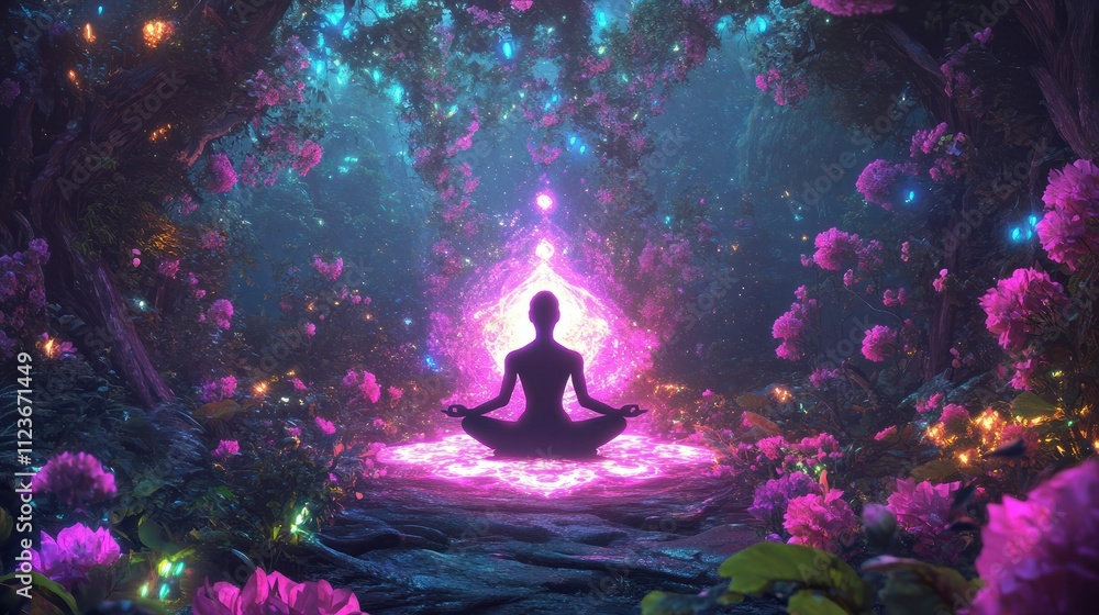 Fototapeta premium Vibrant meditation person luminous energy and chakras in mystical garden of radiant flowers.