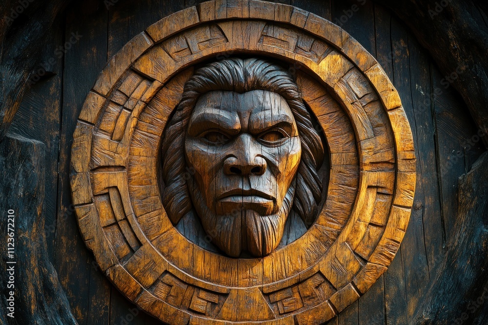 Naklejka premium Intricate wooden carvings depict sacred symbols and expressive faces from a secluded tribe's art