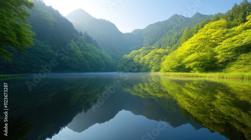 A serene landscape featuring a calm lake surrounded by lush green mountains, reflecting a tranquil atmosphere, Ideal for nature, relaxation, or wellness themes in brochures, websites, or as wall art, photo