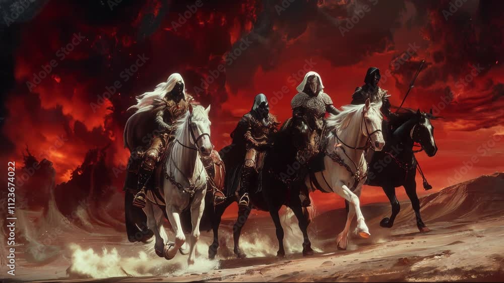 An impressive depiction of the Four Horsemen of the Apocalypse leading the way with vibrant and impactful colors An impressive depiction of the Four Horsemen of the Apocalypse leading the way with vibrant and impactful colors