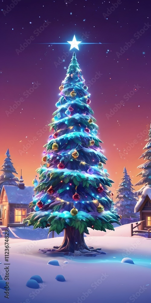Obraz premium Christmas tree glowing with golden lights and a star topper in a snowy forest under a night sky