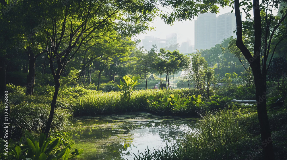 Fototapeta premium A nature reserve within a city promoting biodiversity and recreation.