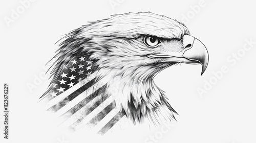  Bald Eagle with American Flag , White Background